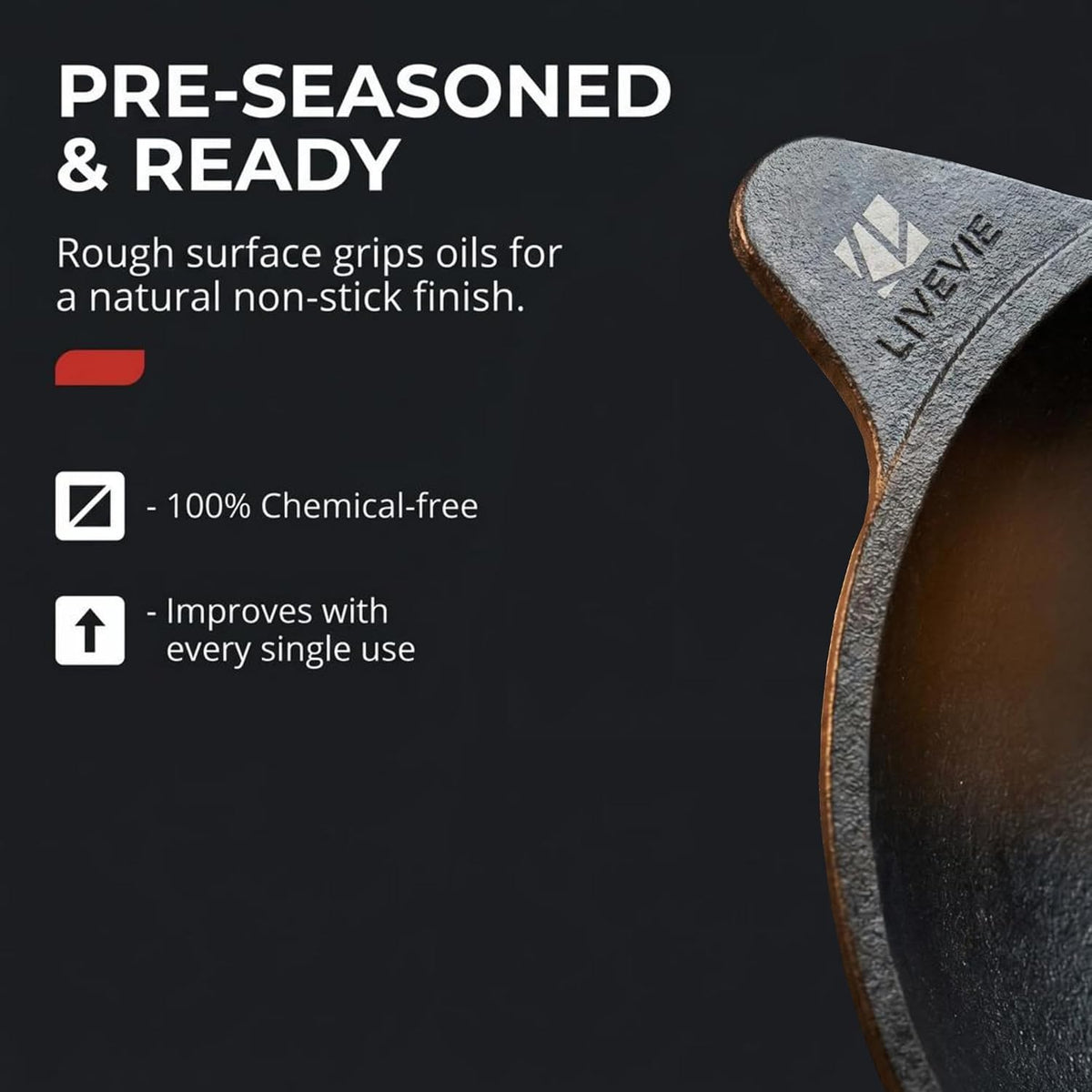 LIVEVIE Cast Iron Appam Pan, 8.5 inch Pre-Seasoned, Rough Surface, Works on Gas, Oven, BBQ & Campfire, Non-Toxic Heavy Duty Pan for Appam, Pancakes, Crumpets, Eggs & More