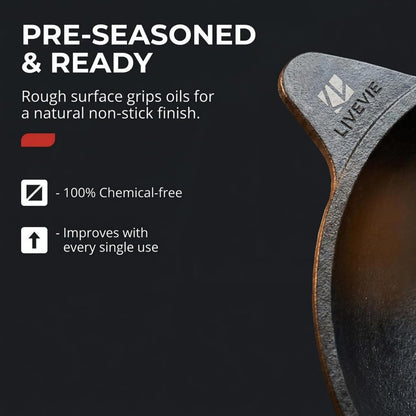 LIVEVIE Cast Iron Appam Pan, 8.5 inch Pre-Seasoned, Rough Surface, Works on Gas, Oven, BBQ & Campfire, Non-Toxic Heavy Duty Pan for Appam, Pancakes, Crumpets, Eggs & More