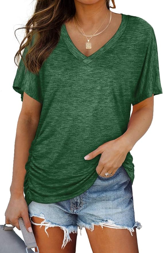 WIHOLL Womens Short Sleeve V Neck Dolman Tops with Side Shirring Loose Fit Shirts