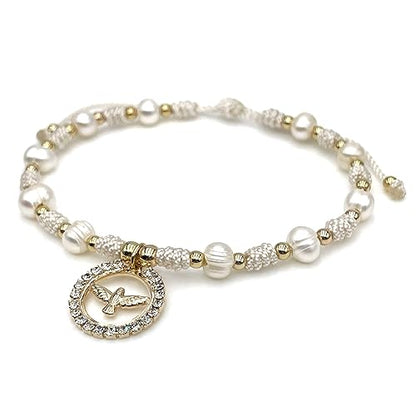 Holy Spirit 18K Gold Plated CZ Pendant on Dainty Pearls Bracelet Charm Catholic Gift Of Hope For Women and Teens