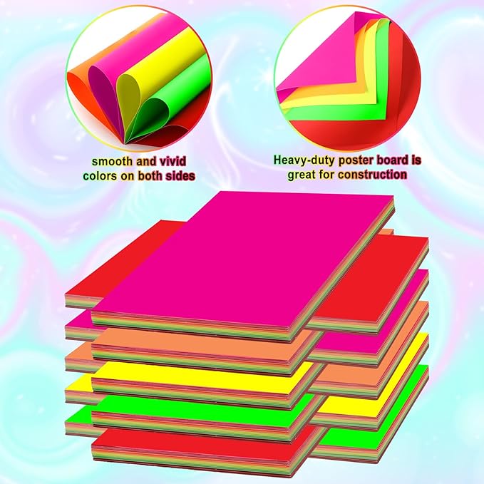 Tenceur 50 Pieces Neon Poster Board 22" x 14" Neon Construction Paper 250 Gsm90 lb Cardstock Large Bright Fluorescent Poster Board for School Craft Project Presentation Drawing Graphic Display