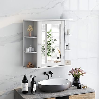 ARLIME Bathroom Mirror Cabinet, Wall Mounted Medicine Cabinet, Single Door Storage Organizer with 4 Internal Shelves and 6 Open Racks, Space Saver Wooden Hanging Cabinet, White