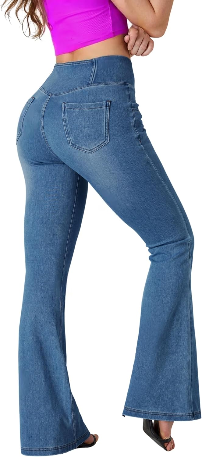BlueRose Flare Jean for Women,Bell Bottom Jeans for Women Knit Crossover High Waisted Bootcut Jean