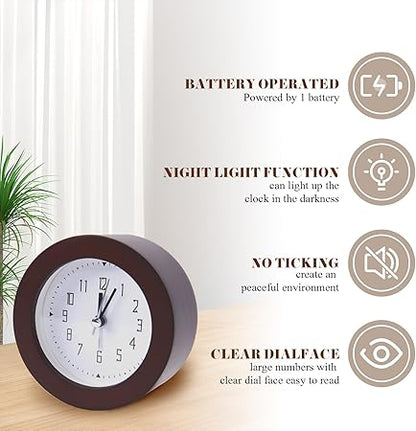 Wooden Analog Alarm Clock Silent Non-Ticking Desk Clock Battery Operated Table Clock with Nightlight for Bedroom,Children's Room, Living Room,Brown(4Inch)