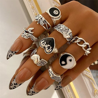 Vintage Silver Open Punk Rings for Men Women, 24PCS Adjustable, Alt, Chunky, Hippie, Gothic, Statement Stacking, Skull Snake Star Flower Heart Eboy Emo Y2K