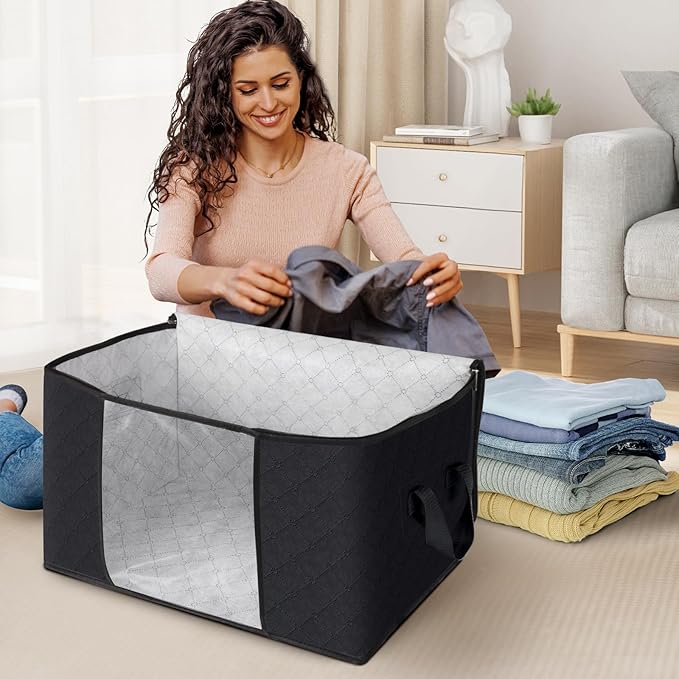 Fab totes 3-Pack Clothes Storage, Foldable Blanket Storage Bags, Storage Containers for Organizing Bedroom, Closet, Clothing, Comforter, Organization and Storage with Lids and Handle, Black