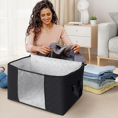 Fab totes 3-Pack Clothes Storage, Foldable Blanket Storage Bags, Storage Containers for Organizing Bedroom, Closet, Clothing, Comforter, Organization and Storage with Lids and Handle, Black