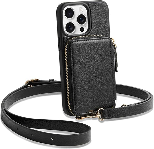 ZVE for iPhone 13 Pro Max Wallet Case, Card Holder Crossbody Phone Case for Women, Zipper Leather Purse with Wrist Strap, RFID Blocking Cover for iPhone 13 Pro Max (6.7 inch, 2021)- Black