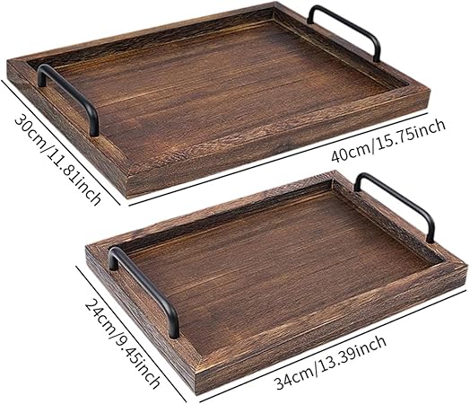 2Pcs Rustic Wooden Serving Trays Farmhouse Decor Multipurpose Rectangular Serving Platters with Handles for Food Tea Coffee, black brown