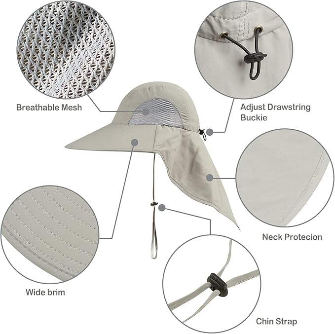 Outdoor Sun Hat for Men with 50+ UPF Protection Safari Cap Wide Brim Fishing Hat with Neck Flap, for Dad