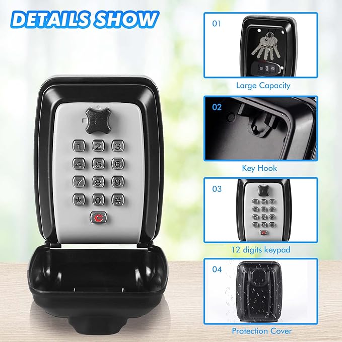 Key Lock Box, Wall Mounted Key Storage Box with 12-Digit Keyboard Combination, Resettable Code, Large Capacity, Waterproof Security Lock Box for Home, Office, Outdoor