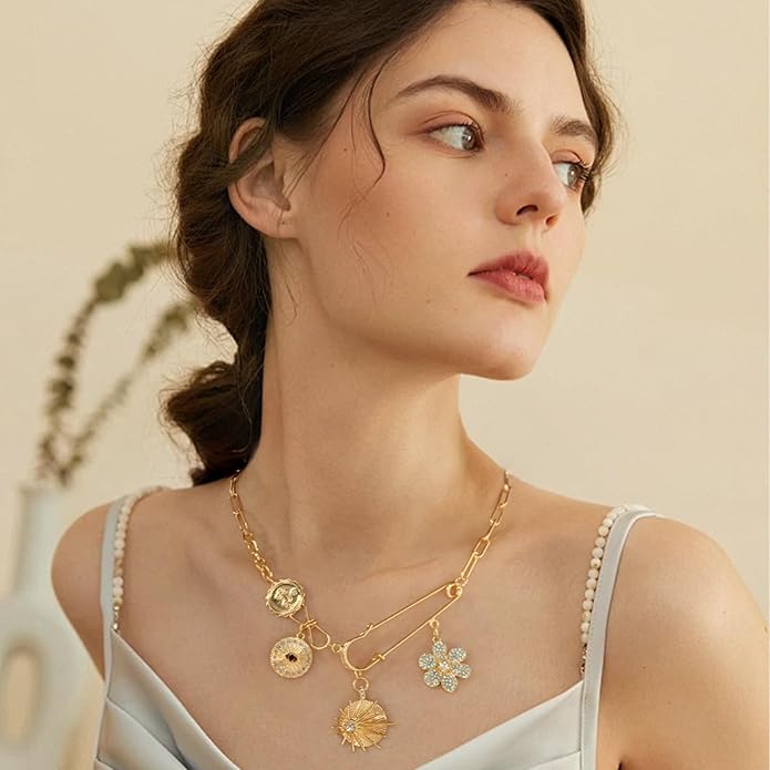 Glod Plated Boho Paperclip Chain Charm Necklace for Women Handmade Evil Eye Sun Moon Star Flower Coin Safety Pin Necklace Celestial Jewelry
