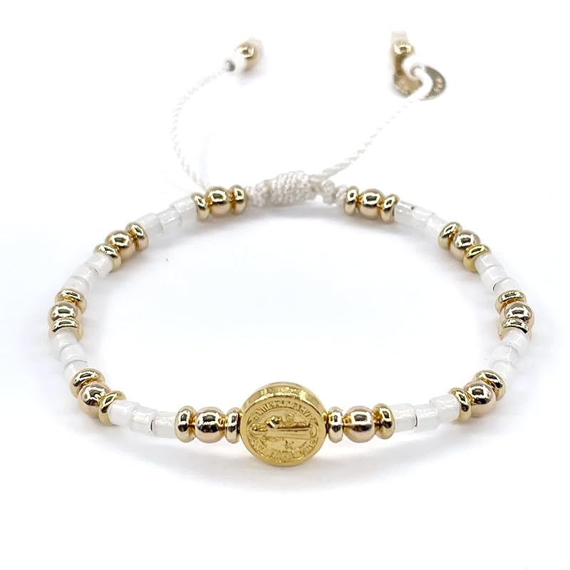 St Benedict Coin Bead Round with Miyuki seed beads and Gold Plated spacers Adjustable Bracelet for Women (White)