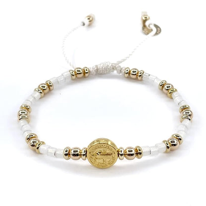 St Benedict Coin Bead Round with Miyuki seed beads and Gold Plated spacers Adjustable Bracelet for Women (White)