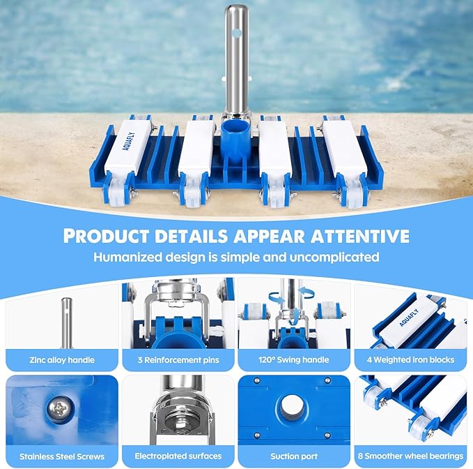 Pool Vacuum Head, Manual Cleaning Vacuum with Wheels 14'' Heavy Duty Handle Pool Vacuum Heads for Inground  Above Pools with Flexible Swivel, Swimming Pool Head for Absorb