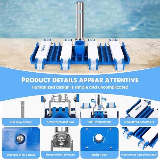 Pool Vacuum Head, Manual Cleaning Vacuum with Wheels 14'' Heavy Duty Handle Pool Vacuum Heads for Inground  Above Pools with Flexible Swivel, Swimming Pool Head for Absorb