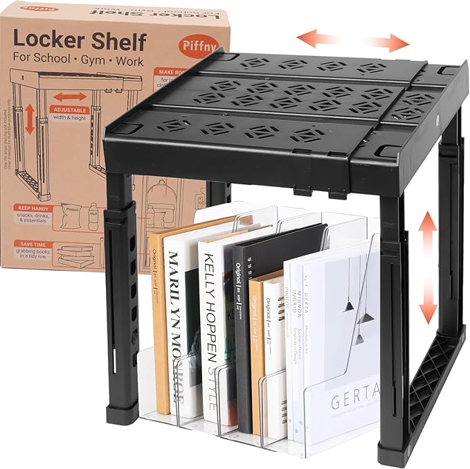 Locker Organizer Shelf, Adjustable Width and Height, Stackable, Ideal Locker Shelf for School, Office, Gym Lockers, or Even Kitchen Cabinets  Under Sink Organization (Black 1 Pack)