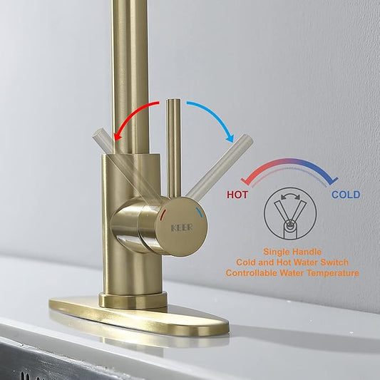 Kitchen Faucet with Pull Down Sprayer, Gold Pull Out Kitchen Faucet with Kitchen Soap Dispenser, Single Level Stainless Steel Kitchen Faucet, Single Handle High Arc Kitchen Faucet