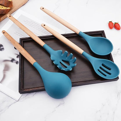 1pc Blue Silicone Soup Ladle Spoon with Wood Handle, Unbreakable Cooking Serving Spoon Scoop for Cooking Sauce/Stews/Gravies Canning and Pouring