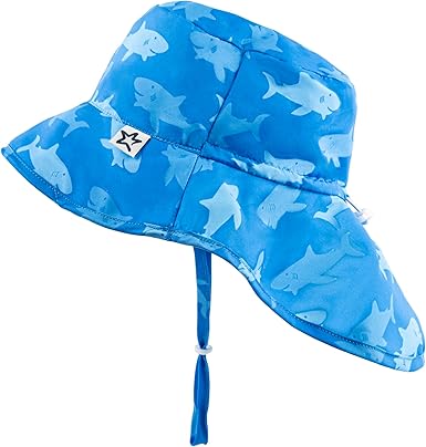 Tiny Twinkle Sun Protection Baby Flap Hat with UPF 50 Sun Protection for Baby and Toddler Boys and Girls(Happy Sharks,9-18 Months)