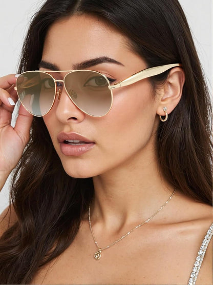 Oversized Aviator Sunglasses For Women 70s Retro 2025 Metal Shades with Gold Streamline Arms