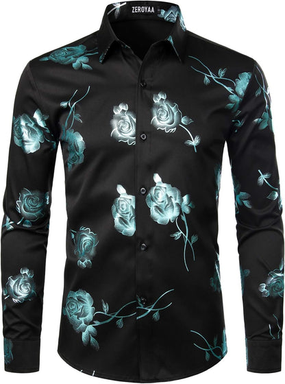 Mens Hipster 3D Golden Rose Floral Printed Slim Fit Long Sleeve Button Down Dress Shirts