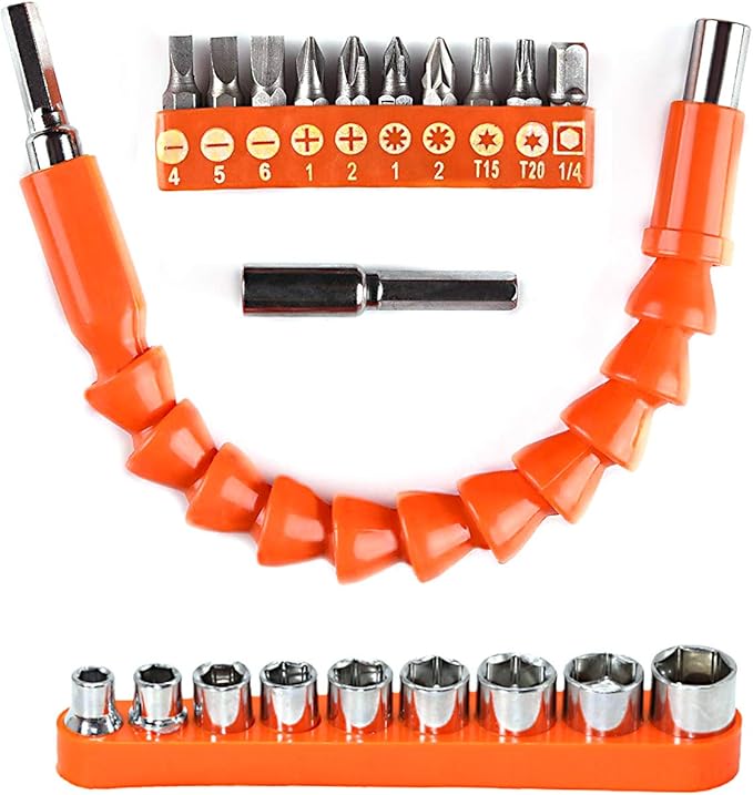 Flexible Drill Bit Extension, 11.6inch Bendable Drill Bit Extension, Universal 14 Flexible Extension for Drill Adaptor Hex Set Orange (21 PCS)