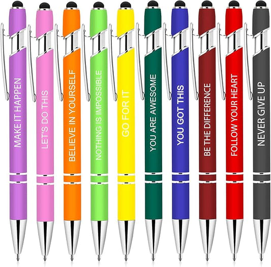 10 Pcs Inspirational Pens Bulk, Motivational Ballpoint Pen with Stylus Tip Funny Ink Pens in Bulk Inspirational Gifts for Women Coworkers Office Supplies Black Ink