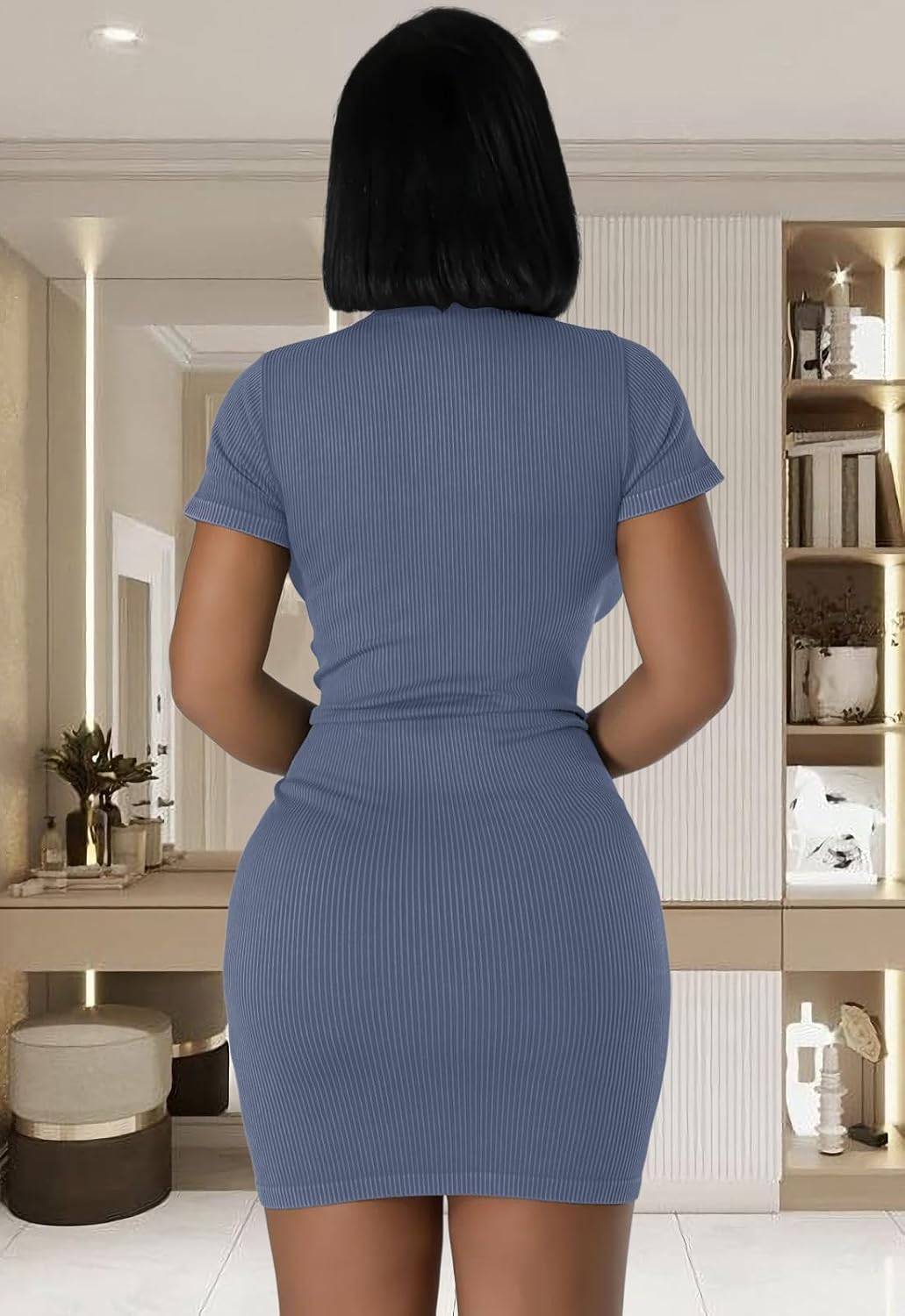 Large Size, Ribbed Bodycon Dresses for Women Short Sleeve Summer Zip Up Front Casual Mini Tank Dress