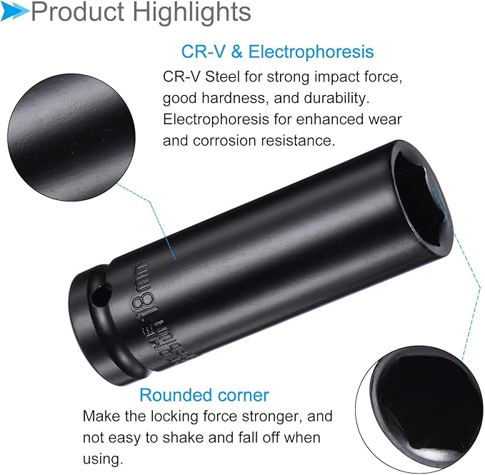 Deep Impact Socket, 12" Drive 18mm Socket, CR-V Steel Rounded Corner Design 6-Point Deep Impact Socket - (Applications: for Screw Removal)