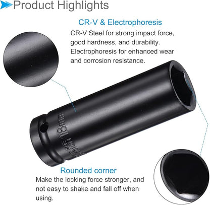 Deep Impact Socket, 12" Drive 18mm Socket, CR-V Steel Rounded Corner Design 6-Point Deep Impact Socket - (Applications: for Screw Removal)