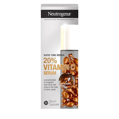 Neutrogena Rapid Tone Repair 20 Vitamin C Brightening Serum Capsules, Antioxidant Face Serum to Brighten Look of Dark Spots  Even Skin Tone, Oil-Free, 30 Serum Capsules