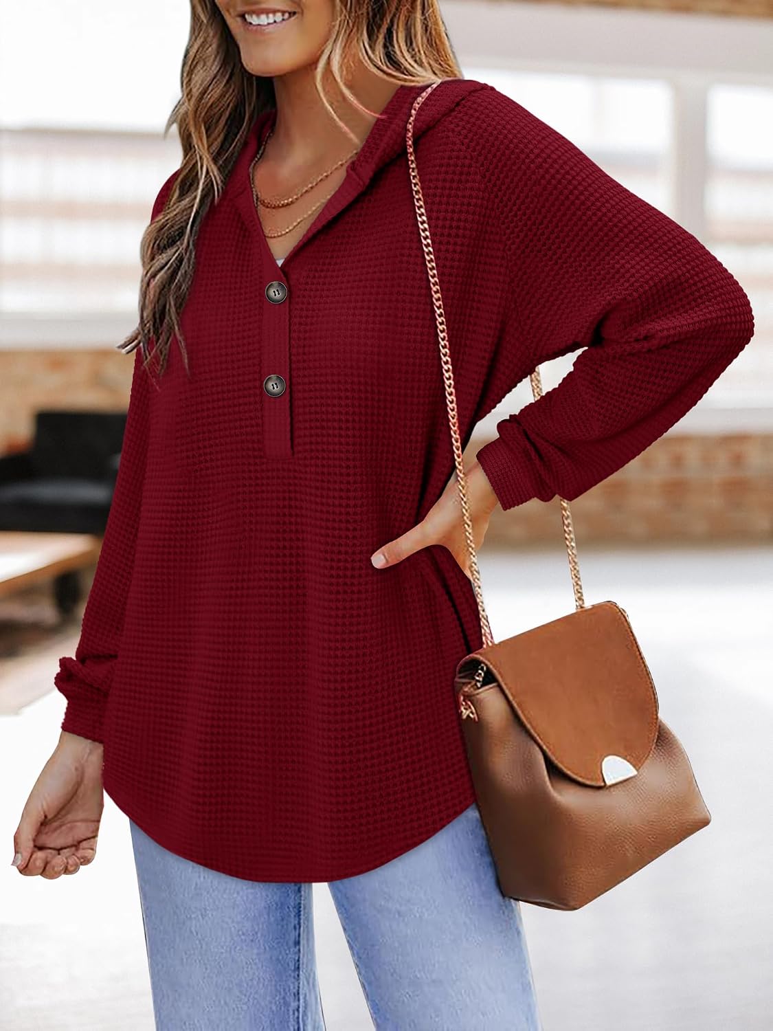 BETTE BOUTIK Womens Long Sleeve Waffle Knit Tops Fall Winter V Neck Casual Fashion Shirts