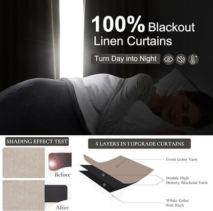 Pinch Pleated Farmhouse Curtains 100 Percent Blackout Window Dining Room Curtains 96 Inches Long Burlap Rustic Linen Drapes for Living Room Insulated with Hooks for Track System 2 Panels