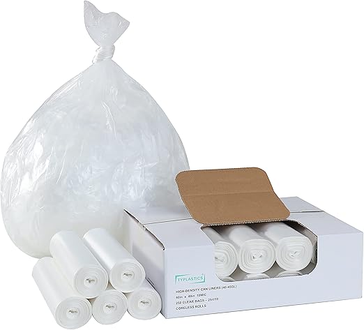 TYPLASTICS 40-45 Gallon Clear Trash Can Liners - 40" x 48"  High Density Garbage Bags - Case of 250  Multipurpose for Office, Outdoor, Recycling, Industrial and Commercial