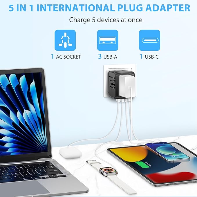 Universal International Travel Power Adapter, All in One Wall Charger with High Speed 2.4A 3xUSB, 3.0A Type-C, European Adapter, Worldwide AC Outlet Plugs for UK, CA, EU, AU, Asia (Gray Black)