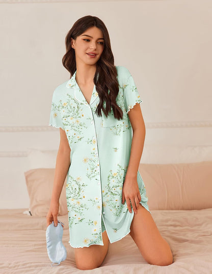 Ekouaer Nightgowns for Women Button Down Sleep Shirt Short Sleeve Sleepwear | Ladies Night Gowns Classic Night Shirt Casual Pajama Dress for Sleep, Wedding, Party, Labor, Delivery, Maternity, Nursing