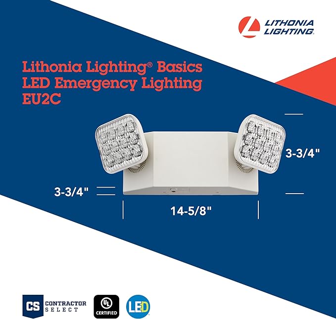Lithonia Lighting Basics LED Emergency Light, Emergency Lighting with Dual Adjustable LED Lamp Heads, Wall Mount, Damp Location Rated, 90-Minute Backup, 120277V, White (EU2C M6)