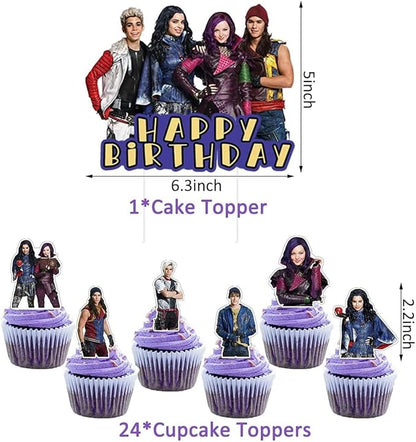 Descendants birthday party supplies,Descendants party including cake caps, cupcake caps, flags, Latex Balloons, It is very suitable for boy's and girl themed birthday party supplies.