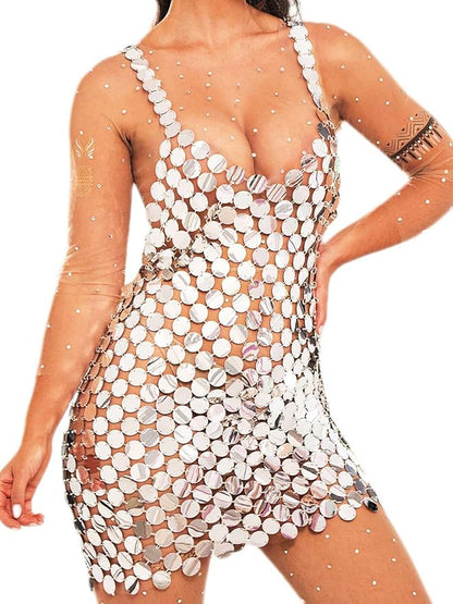 GORAIS Sparkly Sequin Chainmail Dress Dots Dance Mini Dresses Nightclub Bikini Body Chain Dress for Women