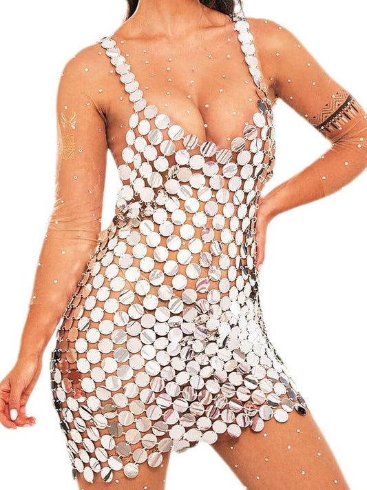 GORAIS Sparkly Sequin Chainmail Dress Dots Dance Mini Dresses Nightclub Bikini Body Chain Dress for Women