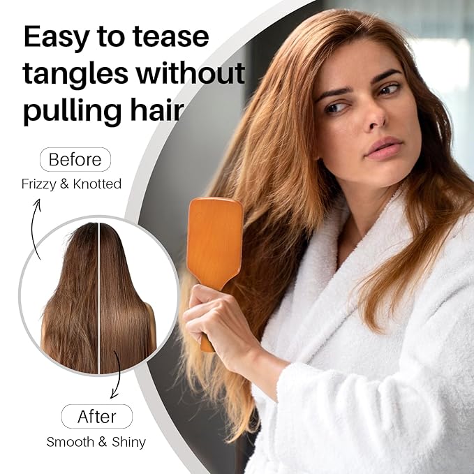 RHOS Wooden Paddle Brush With Nylon Bristles - Cushion Square Design for Detangling and Massaging All Hair Types (Men & Women)