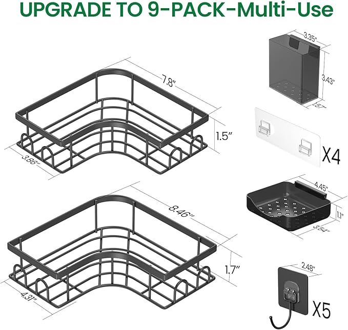 Adhesive Shower Caddy, 2 Pack Corner Bath Organizer, Rustproof Stainless Steel Shower Shelves with Large Capacity, No Drilling Shelves for Bathroom Storage, Home, Kitchen Decor