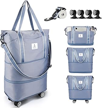 Rolling Duffle Bag with Detachable Wheels and Adjustable Shoulder Strap, Large Expandable Foldable Carry On Luggage Bag with Handle and Suitcase Sleeve, Weekender Bag for Travel Airplane 25L-55L