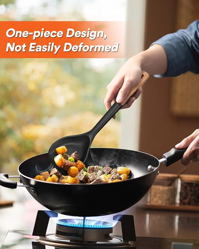 Non-stick silicone spatula, anti-scratch flexible edge for pans, comfortable non-slip wooden handle, heat resistant, BPA-free kitchen spatulas for cooking, 13.2 inches