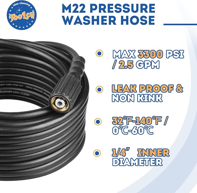 TOOLCY Pressure Washer Hose with Extension Coupler, 50 ft 14" Kink Resistant Power Washer Hose M22 Replacement for Ryobi, Troy Bilt, Greenworks, Craftsman High PressureWashers, 3300 PSI