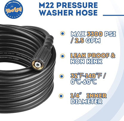TOOLCY Pressure Washer Hose with Extension Coupler, 50 ft 14" Kink Resistant Power Washer Hose M22 Replacement for Ryobi, Troy Bilt, Greenworks, Craftsman High PressureWashers, 3300 PSI