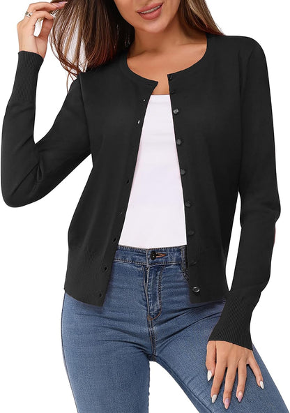 Women's Lightweight Button Down Cardigan Long Sleeve Casual Crew Neck Soft Knit Cardigans Sweater Tops
