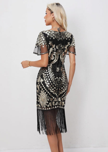 1920s Gatsby Flapper Dress Sequin Beaded Tassel Vintage Evening Gown