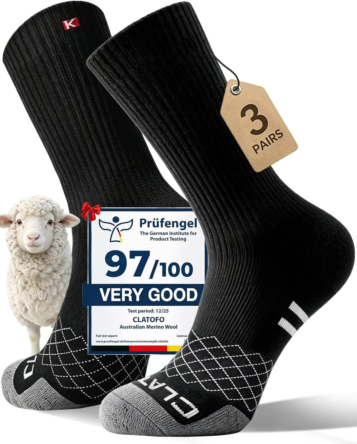 Merino Wool Thermal Socks for Men Women, Cushioned Performance Sport Socks for Hiking,Cycling,Work,Ski 3 Pairs